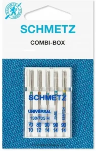 Different types of sewing machine needles laid out on a white background with labels