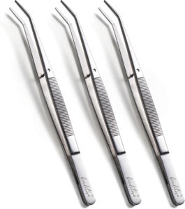 Angled stainless steel tweezers for removing broken thread from sewing machine hook and bobbin case