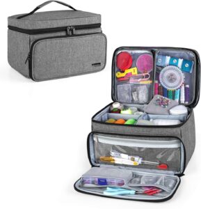Small parts storage organizer with compartments for sewing machine bobbins, needles, and presser feet