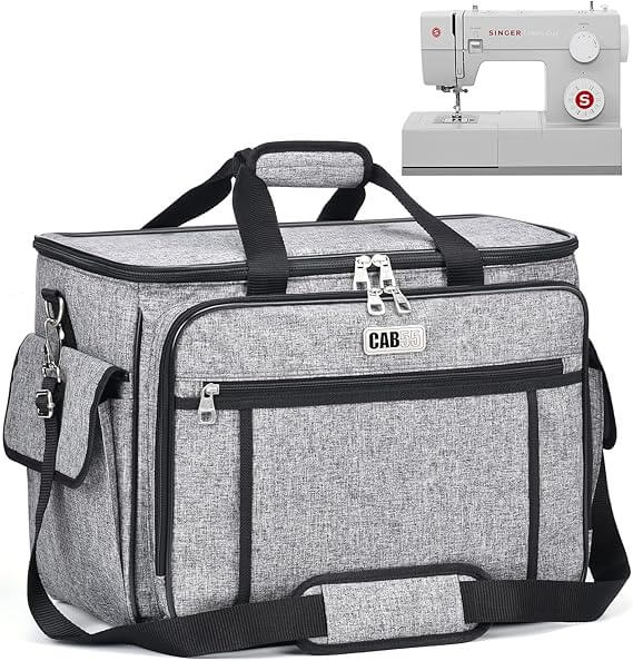 Fabric dust cover protecting a home sewing machine from dust and lint between sewing sessions